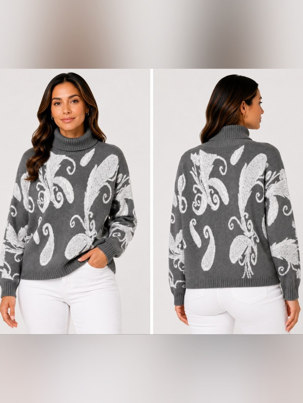 Liz Claiborne Women’s Large Gray White Paisley Turtleneck Sweater Pullover